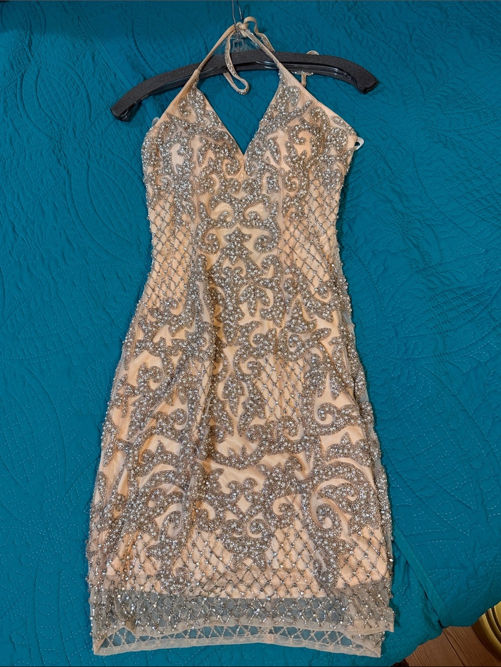 Primavera Couture Nude Halter Mini Dress with Silver Beading
